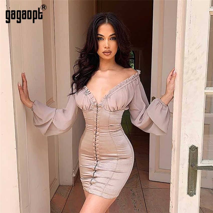 Ruffle Bodycon Dress: Long Sleeve Patchwork Khaki Party Dress For Women (Q190530)