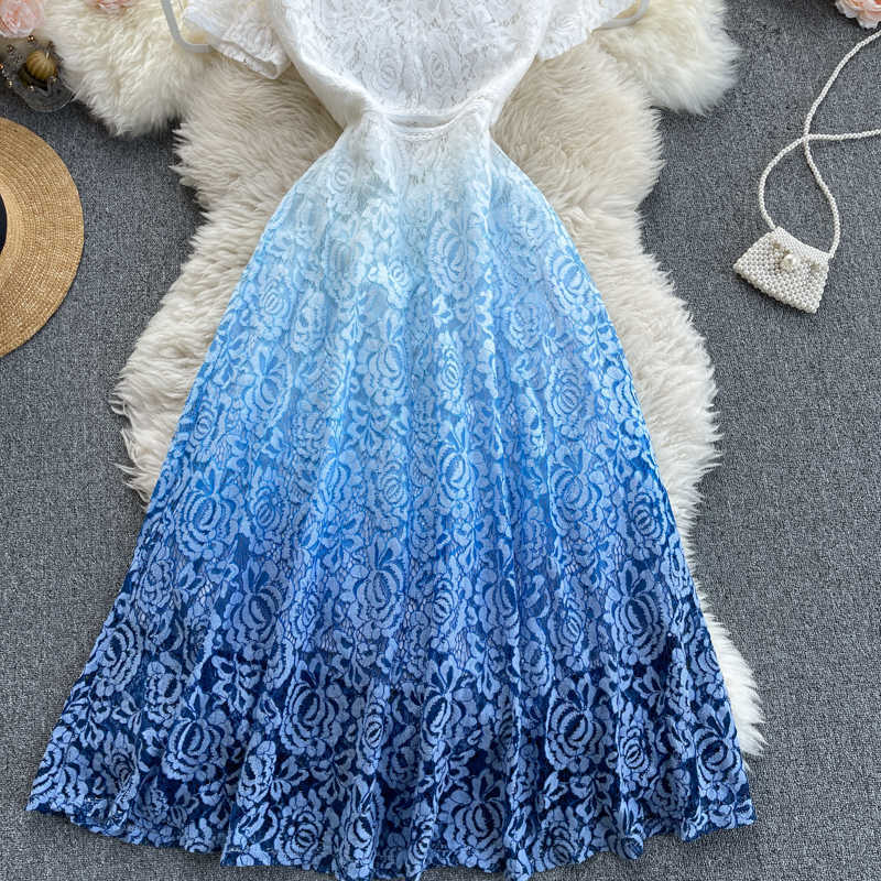 DEAT Summer Arrivals V-neck Short Sleeve Gradient High Waist A-line Lace Long Dress MZ727 210709