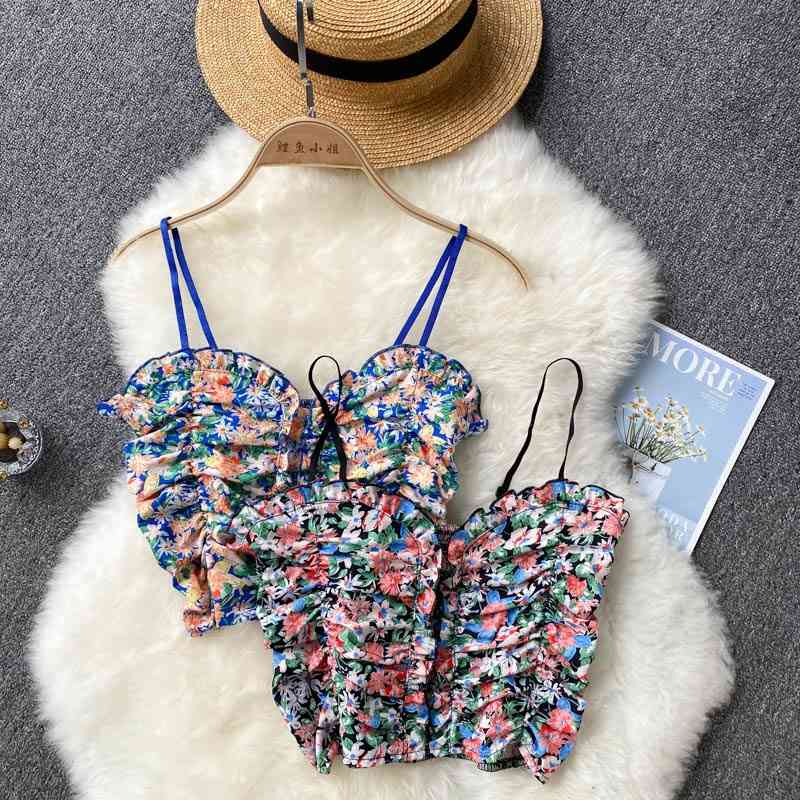 DEAT Women Ruffles Printing Sling Camis Arrivals Sexy Backelss Temperament Fashion Spring Summer 11D1556 210709