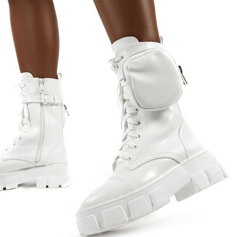 WENYUJH 2020 Women Pocket Boots Lace Up Ladies Ankle Boots Female Buckle Strap Black Chunky Pouch Ankle Boots Platform Y0914