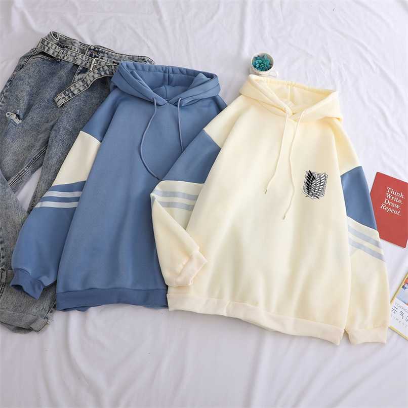 Attack on Titan Shield Printed Hoodies Autumn Winter Fleece Casual Spell Color Splicing Sweatshirt Loose Harajuku Kawaii Clothes 211206