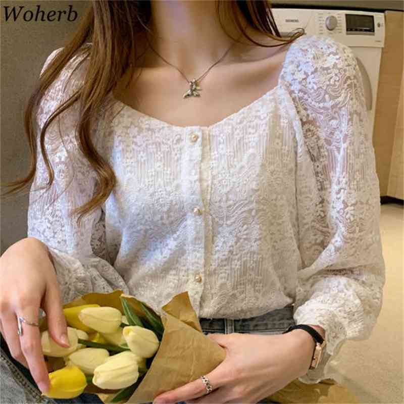 Korean Vintage Women Shirt Square Collar Fashion Lace Tops Crochet Hollow Out Loose All Match Long Sleeve Blusas Mujer 210519