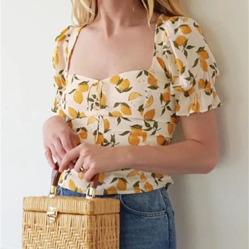 Vintage Fruit Orange Print Shirt Beige Retro Elastic Ruched Back Square Collar Short Sleeve Blouse tank top Tops 210429