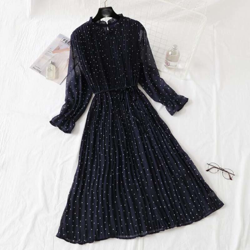 Women Print Pleated Chiffon Dress Spring Summer Fashion Female Casual Flare Sleeve Lotus Leaf Neck Basic Dresses 210521