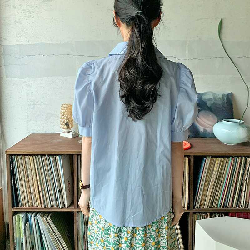 Chic Korean Summer Puff Sleeve Blouse Shirt Causal Turn-down Collar Women Top Solid Blusas Mujer De Moda 6H459 210603