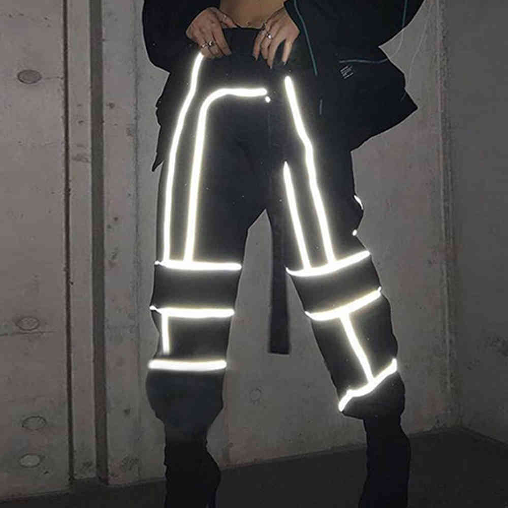 Women Autumn Reflective Cargo Pants Harms Black Sweatpants Trousers Ladies Wild Belt Decoration 210428