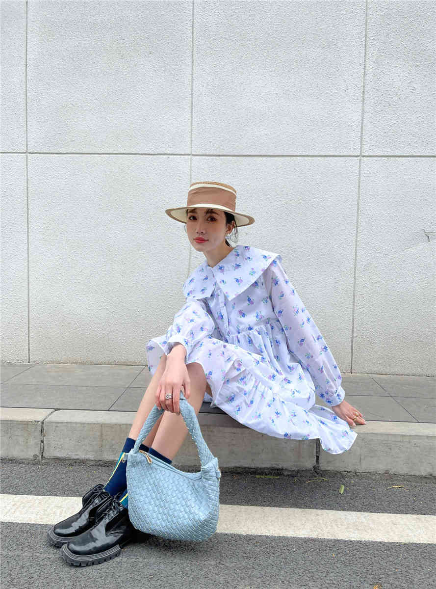 Spring Long Sleeve Cute Korean Dress Women White Floral Print Ruffle Lantern A Line Kawaii Clothes 210427