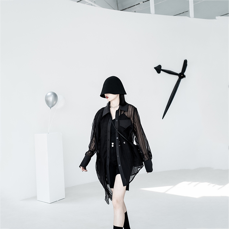 [EAM] Women Black Big Size Irregular Mesh Blouse Lapel Long Sleeve Loose Fit Shirt Fashion Spring Summer 1DD7554 210512