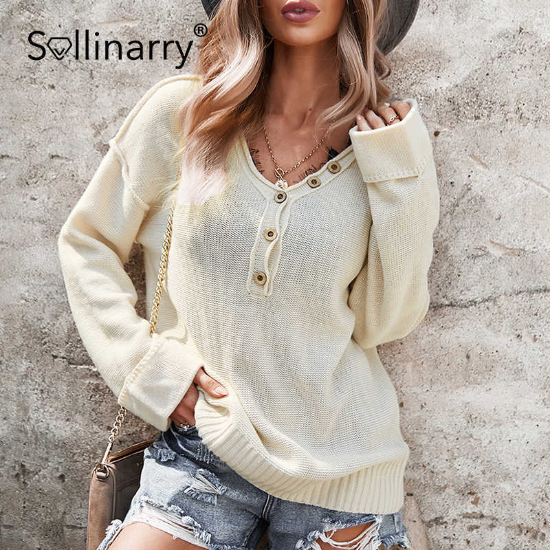 Sollinarry Office lady button loose pullover solid Elegant v-neck long sleeve sweater autumn winter Casual fashion female top 210709