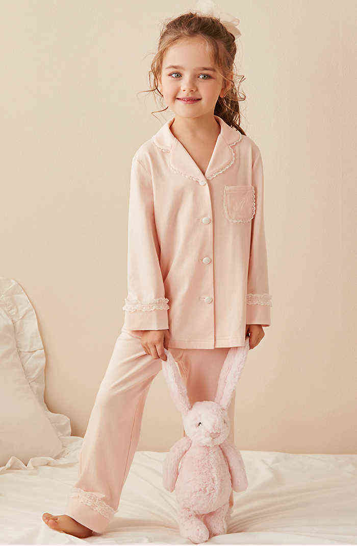 Children Girls Lolita Turndown Collar Pajama Sets.Long sleeve Tops+Pants.Toddler Kids Lace Pyjamas set.Girl Sleepwear Loungewear 211130