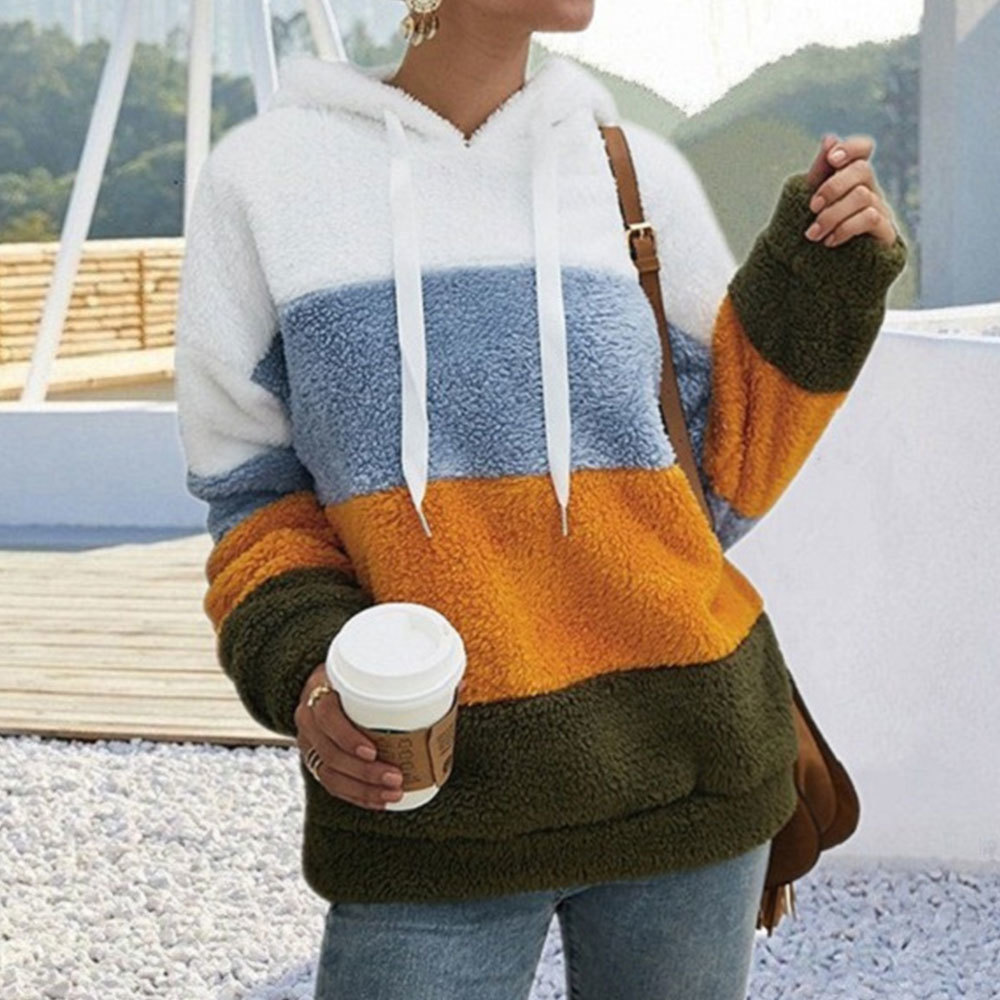 Women Hit Color Striped Hoodies Elegant Autumn Winter Loose Sweatshirts Plus Size Fluffy Fleece Pullover 210428