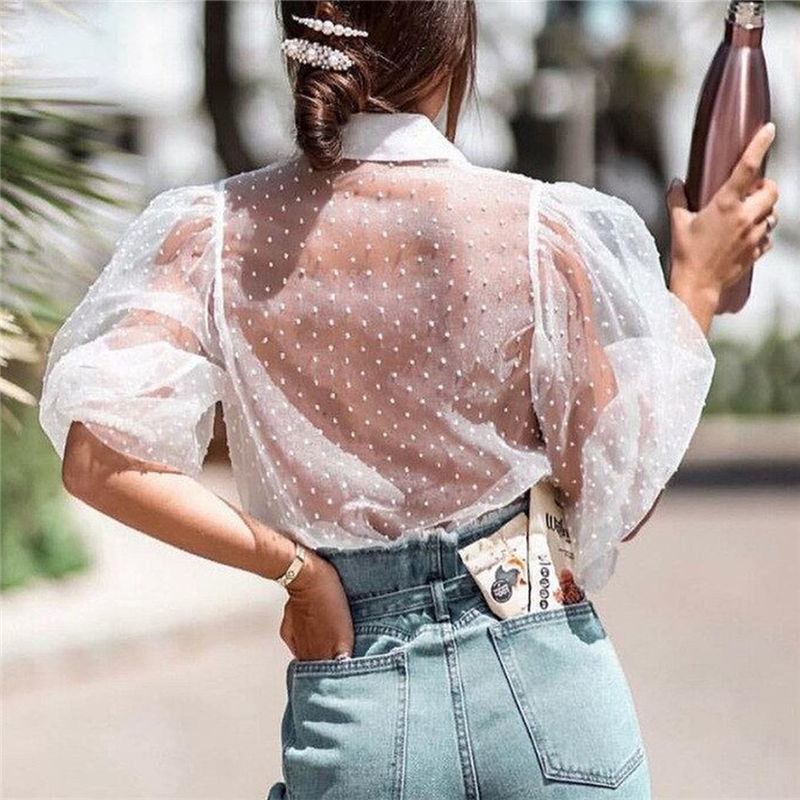 Aachoae Dot Embroidery Women Organza Blouse Lantren Sleeve Black See Through Chic Top Casual Turn Down Collar Shirt Blusas 210323