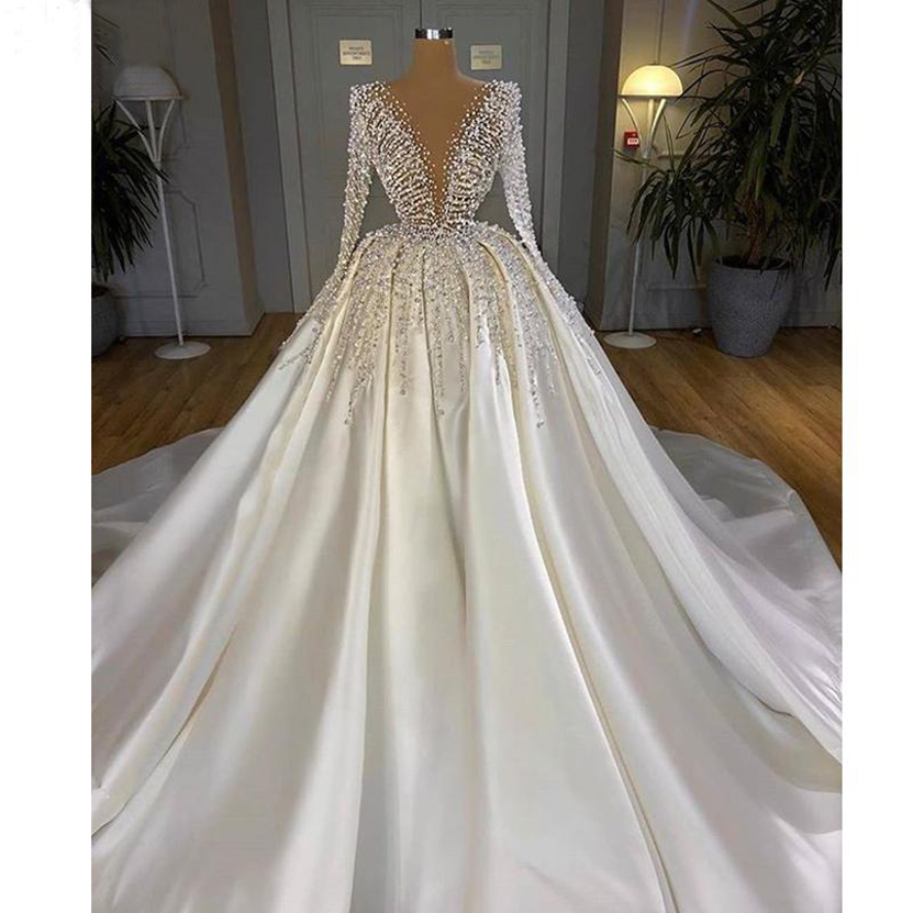 2021 Turkish Beaded Crystal White Satin Wedding Dresses Dubai Arabic Long Sleeve Bridal Gowns Bride Dress Middle East