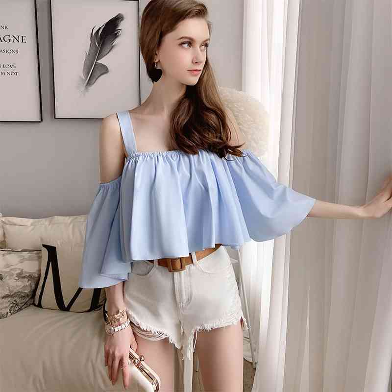 Dabuwawa Sexy Blue Ruffle Sleeve Off Shoulder Short Blouse Women Loose Fit Solid Summer Womens Shirts and Blouses DT1BST028 210520