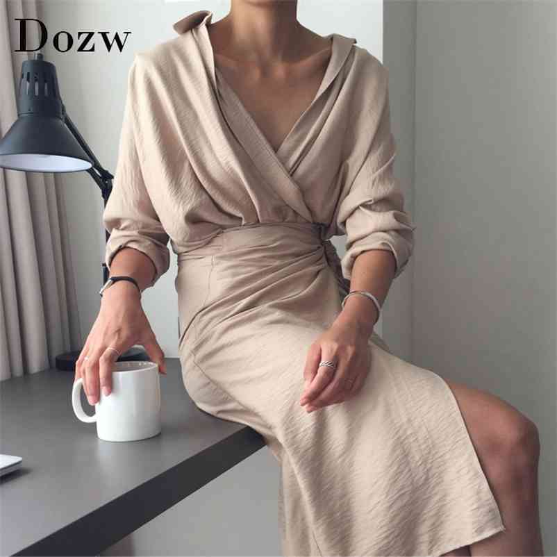 Chic V Neck Wrap Dress Women Solid Long Sleeve Elegant Office Ladies es Vintage Midi Vestidos Mujer 210515