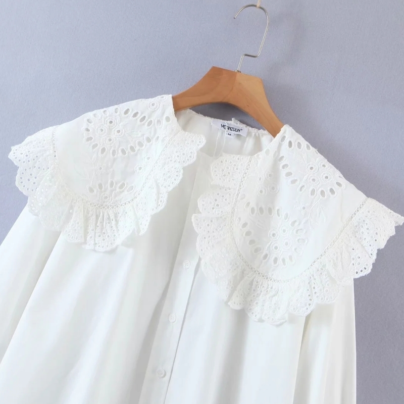 Women Hollow Embroidery Turndown Collar White Shirts Female Long Sleeve Blouses Casual Lady Loose Tops Blusas S8277 210323
