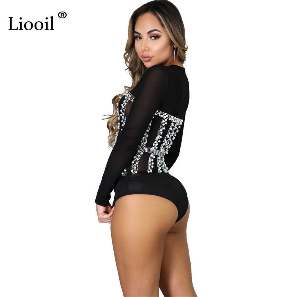 Liooil Mesh Sheer Bodysuits Sexy Tight Body Suit Top Long Sleeve See Through Bodycon Rompers Diamond Jumpsuits 210622