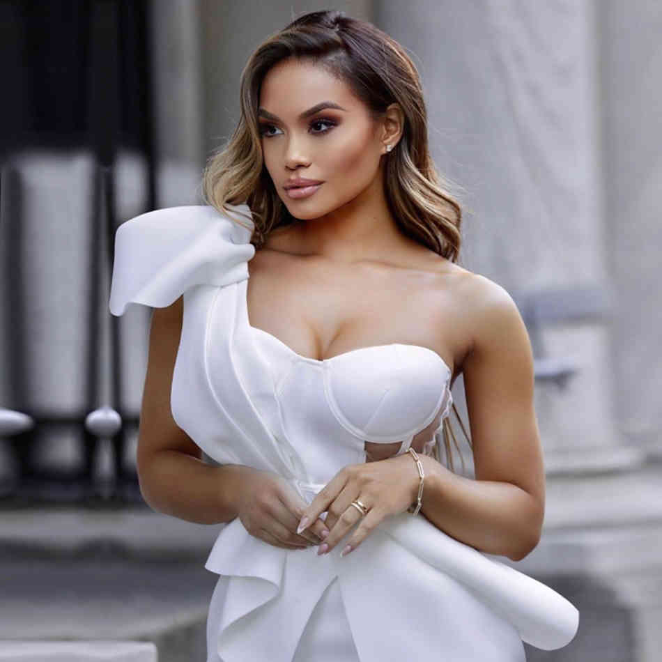 Summer One Shoulder Bow Bodycon Club Dress Women Sexy Lace Ruffles Sleeveless Celebrity Evening Party Vestidos 210423