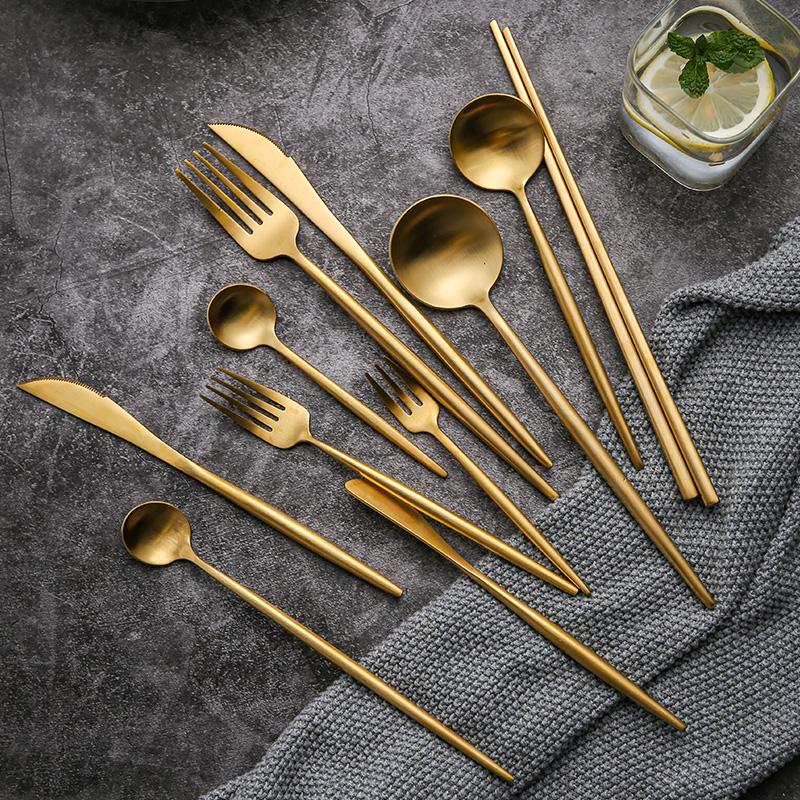 

Dinnerware Sets 304 Stainless Steel Gold Cutlery Set Dinner Fork Knife Spoon Chopsticks Silverware Tableware