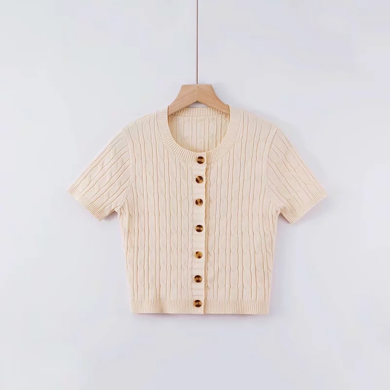 vintage green knitted t shirt women sexy crop top streetwear button short sleeve tshirt korean clothes 210521