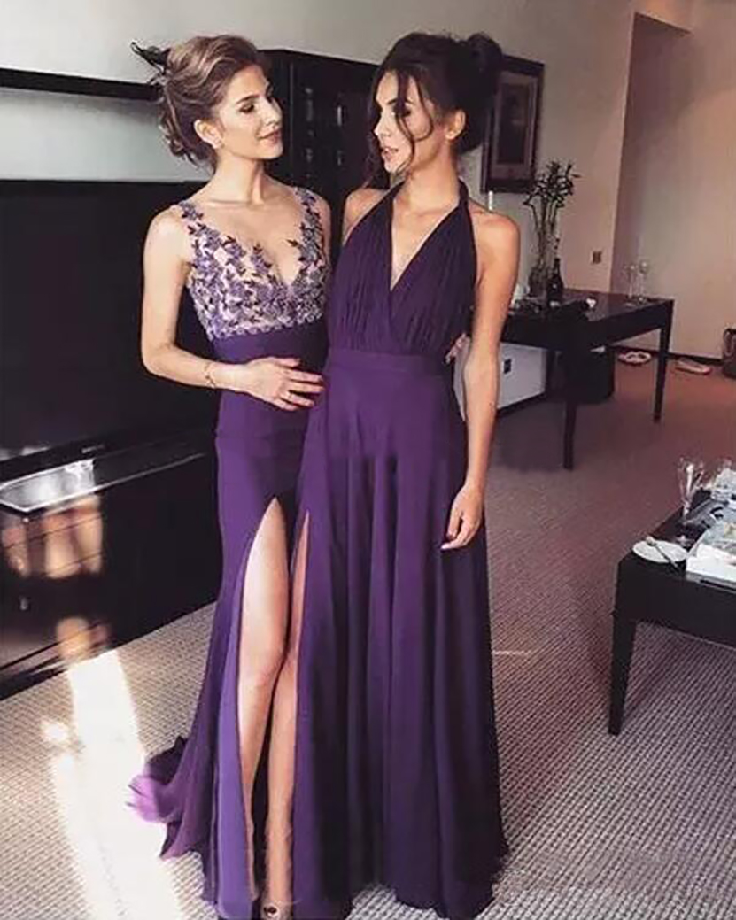 Purple Chiffon Halter Sheer V Neck Bridesmaid Dresses 2021 Long Sexy Side Split Maid Of Honor wedding party guest Gowns 0509