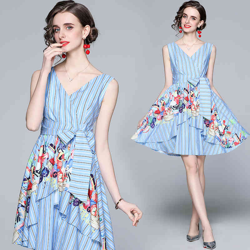Summer V-neck Sleeveless Striped Printed Slim, Thin and Age-Reducing Design Sensual Irregular Sexy Puffy Dress 210525, Sky blue
Summer V-neck Sleeveless Striped Printed Slim, Thin and Age-Reducing Design Sensual Irregular Sexy Puffy Dress 210525, Sky blue