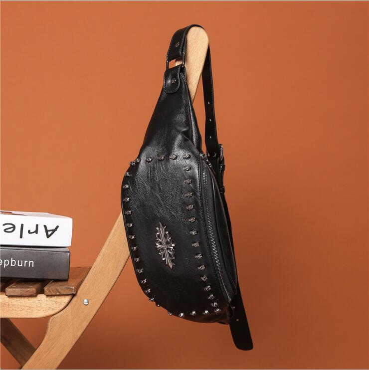 Factory wholesale men handbag rivet mens and women chest bag outdoor leather casual messenger bags personality rivets punk backpack riding, Black
Factory wholesale men handbag rivet mens and women chest bag outdoor leather casual messenger bags personality rivets punk backpack riding, Black