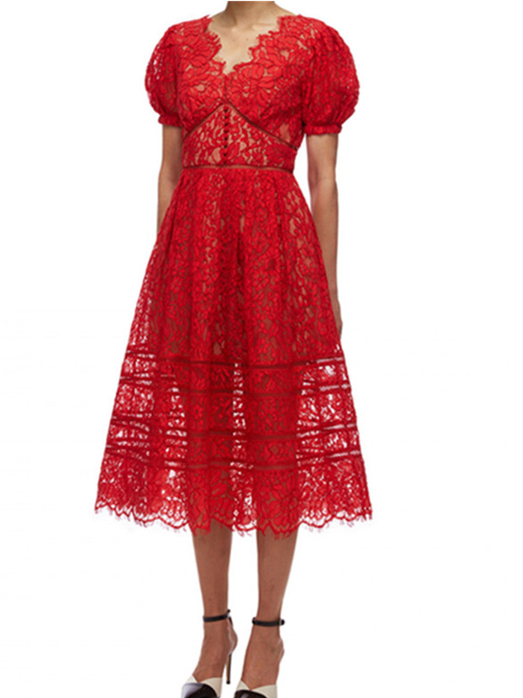 Fashion Runway Summer Short Sleeve Lace Long Dresses Women Vintage Vacation Beach Mid-Length Vestido Da Festa 210520