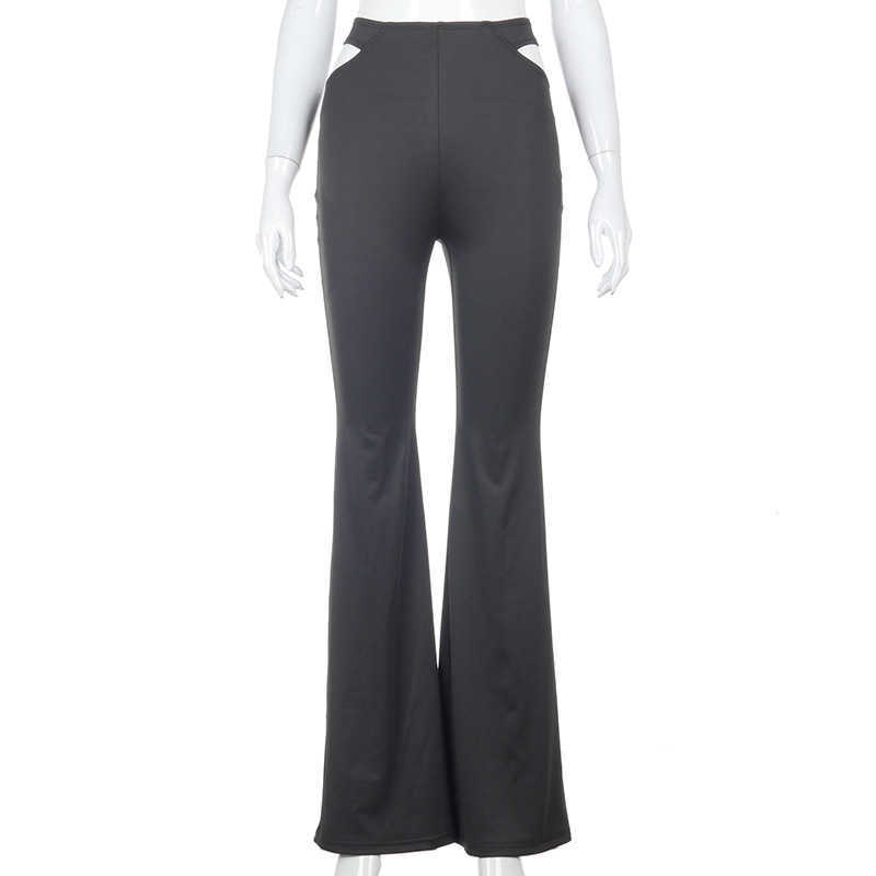 Colysmo Black Flare Pants Sexy Cut out Elastic Waist Solid Color Long Trousers Casual Streetwear Women Party Club Vintage 210527