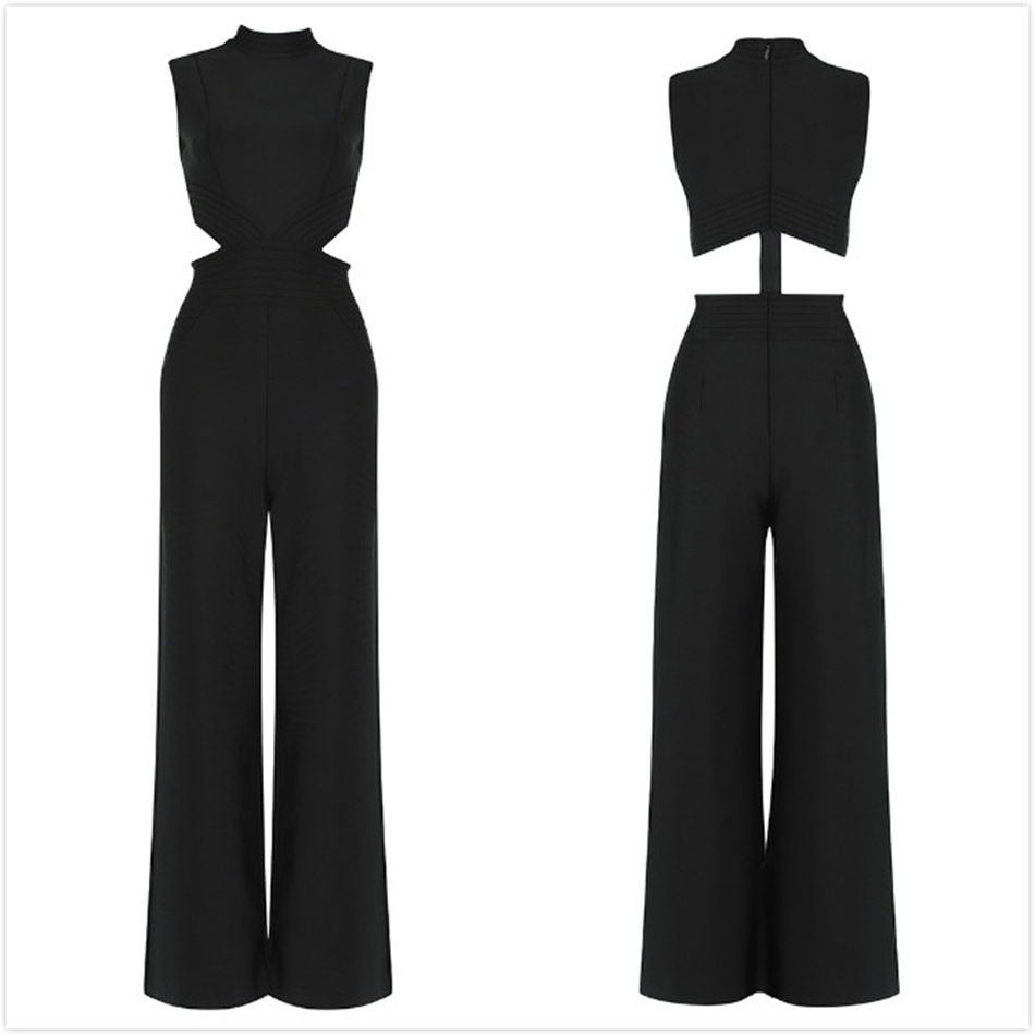 Free Summer Women Black Bandage Jumpsuit Stand Collar Sleeveless Hollow Elegant Bodycon Club Party Flare 210524