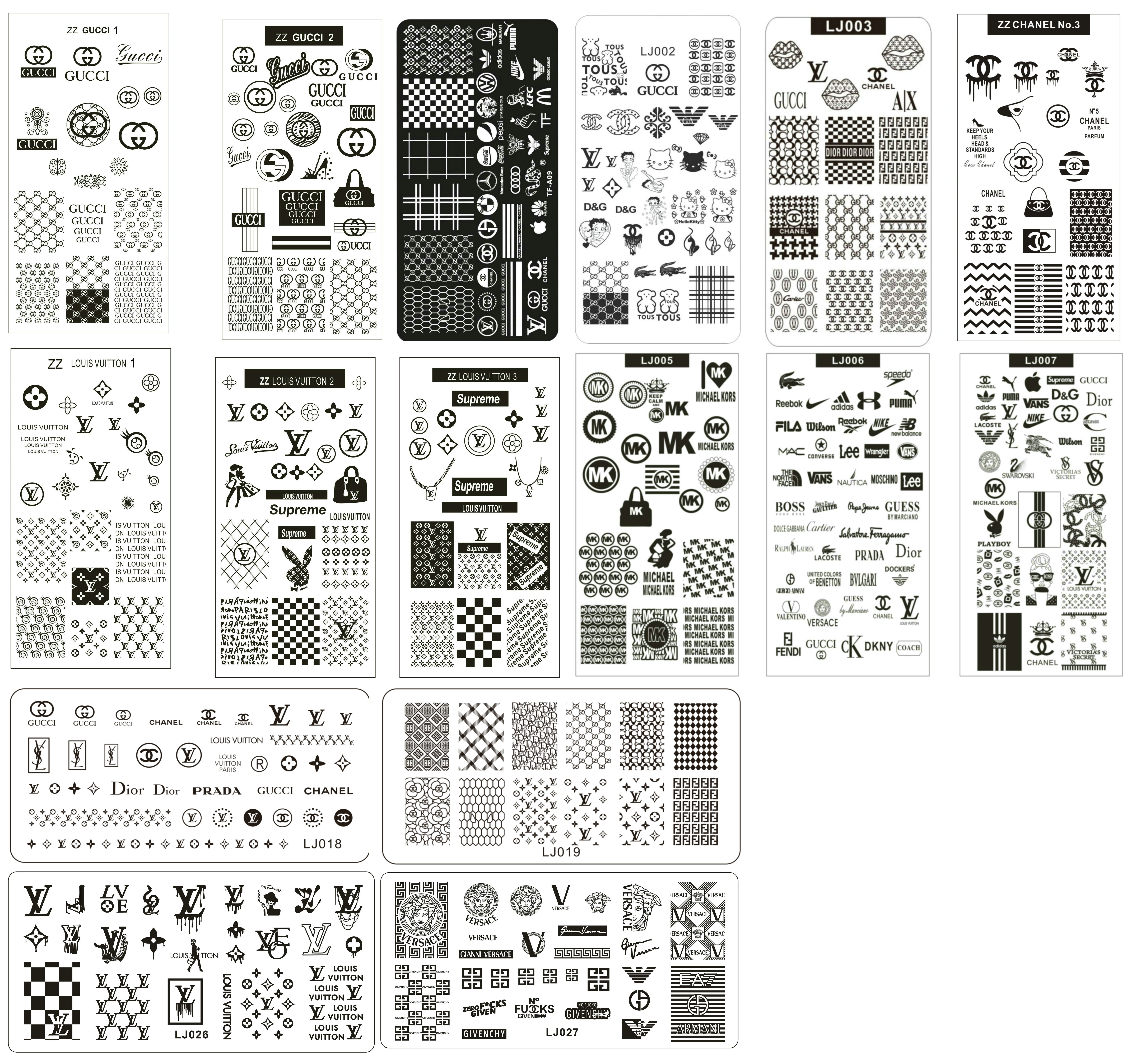 16x LOGO Luxury Brand Designs Nail Art Stamping Plate Stamp XL BIG Full French Design Image Stencil Transfer Polish Print Template with Plastic Sheet
16x LOGO Luxury Brand Designs Nail Art Stamping Plate Stamp XL BIG Full French Design Image Stencil Transfer Polish Print Template with Plastic Sheet