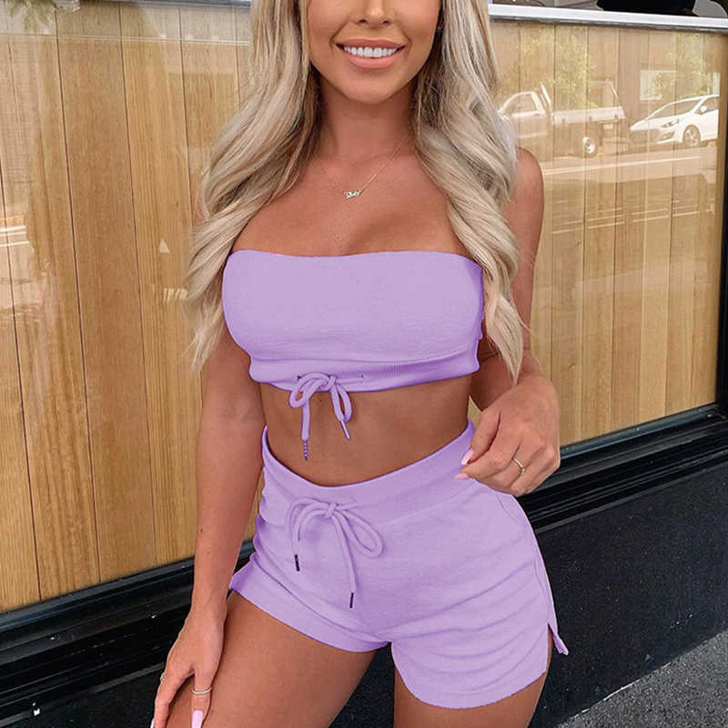 Colysmo Purple Loungewear Set Sexy Two Pieces Summer Outfits For Women Casual Outfit 2 Piece Tight Short s Blue Pink 210527