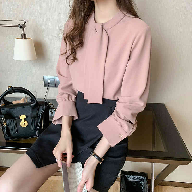 Autumn Long Sleeve Chiffon Blouse Shirt Women Tops Blouse Women Blusas Mujer De Moda Stand Collar Blouse Women Shirts D525 210323