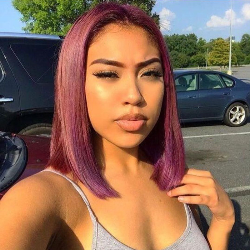 99J Burgundy Short BoB Wig Straight Colored Human Hair Wigs For Women Dark Red Lace Part Wig Pre Plucked Synthetic Hair