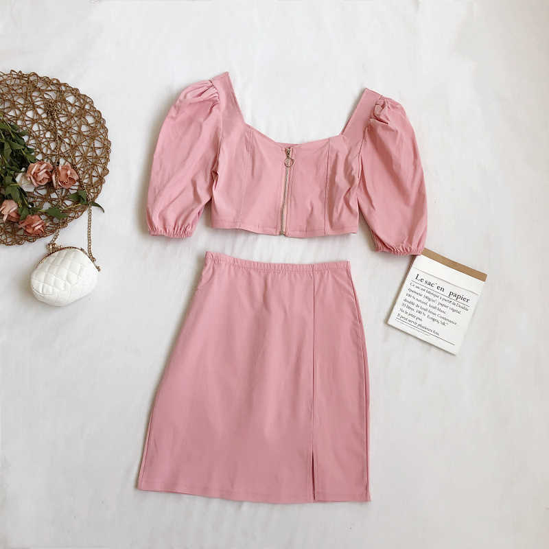 LY VAREY LIN Summer Women Two Piece Set Fashion Puff Sleeve Square Neck Short Tops+ Sexy Split Mini Skirts 210526