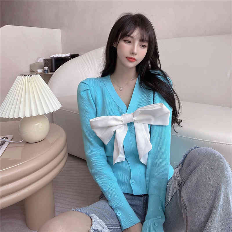 Nomikuma Korean V-neck Puff Long Sleeve Knitted Jacket Sweet Bowknot Women Sweater Cardigan Spring New Knitwear Coat 6E133 210427