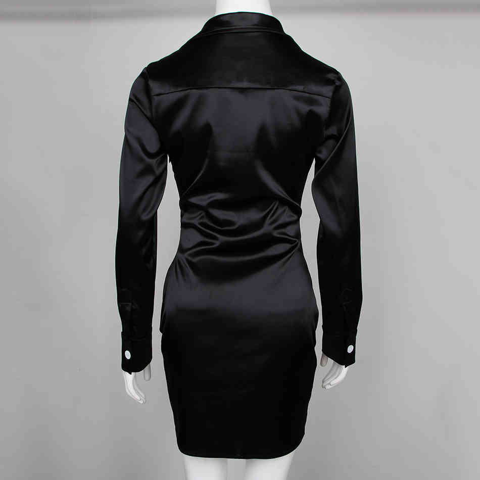 Free Women Black Satin Dress Sexy Deep V Neck Long Sleeve Bodycon Lace-Up Club Night Party Mini Vestidos 210524