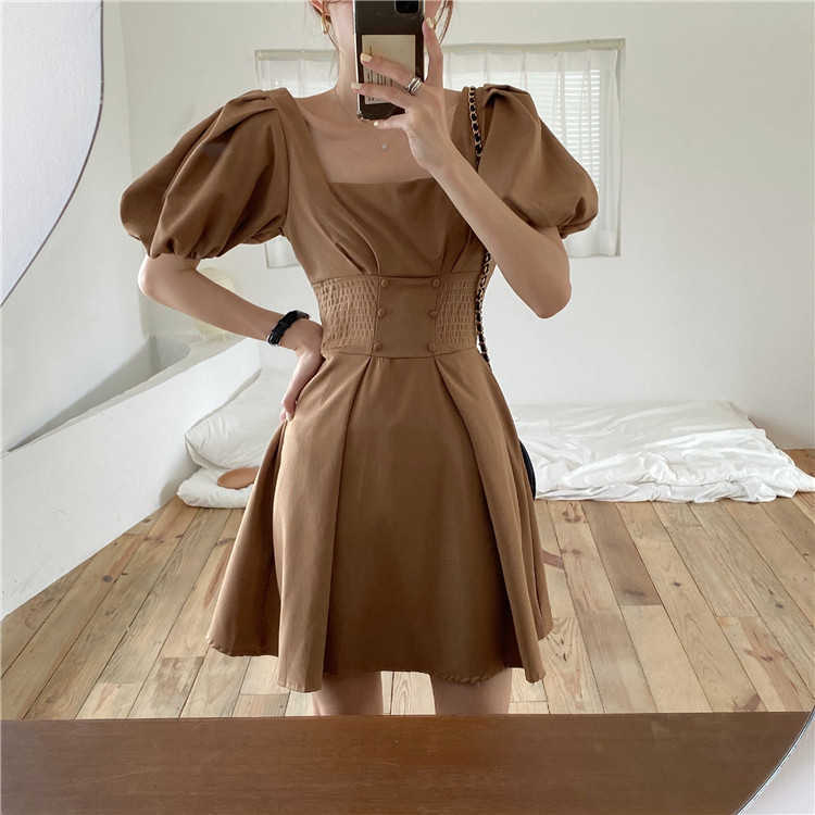 Korean version of the retro French puff sleeves waist collar dress Knee-Length Casual 210603, Khaki
Korean version of the retro French puff sleeves waist collar dress Knee-Length Casual 210603, Khaki