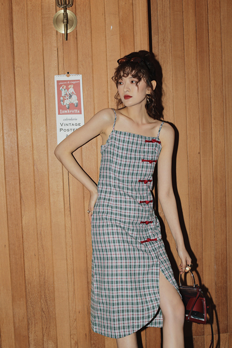 Plaid Vintage Dress Summer Cheongsam Frog Knee Legnth Ladies Spaghetti Strap For Women Split 210427