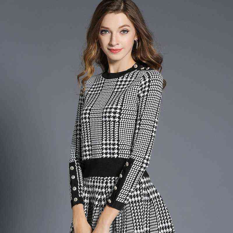 Autumn Winter Plaid Sweater Skirt Suit Women 2 Piece Set Long Sleeve O Neck Button Knitted Crop And A Line 211106