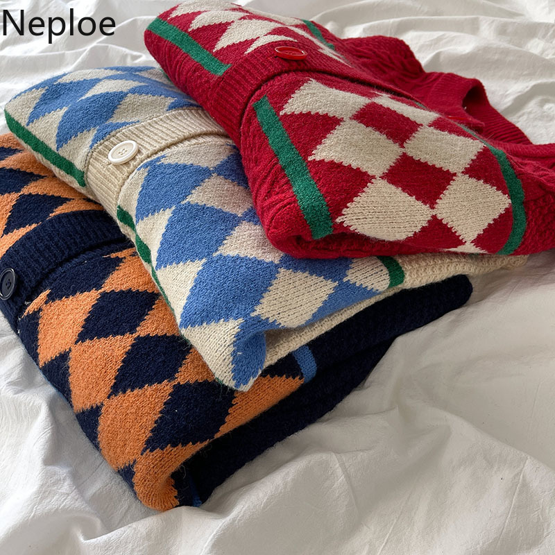 Neploe Sweaters for Women Winter Clothes Knitted Plaid Casual Cardigan O-neck Long Sleeve Loose Sueter Coat Female 4H095 210422