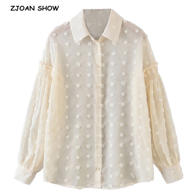 Romantic See through 3D Dot Chiffon Shirt Beige Retro Woman Stitching Elastic Lantern Long sleeve Blouse Sweet Tops Blousas 210429
Romantic See through 3D Dot Chiffon Shirt Beige Retro Woman Stitching Elastic Lantern Long sleeve Blouse Sweet Tops Blousas 210429