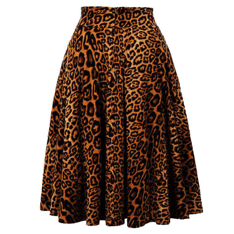 Winter Print High Waist Leopard Skirt Pleated Women Flared Runway Midi Skater 50s Cotton Swing Rockabilly Party Skirts Gothic 211119