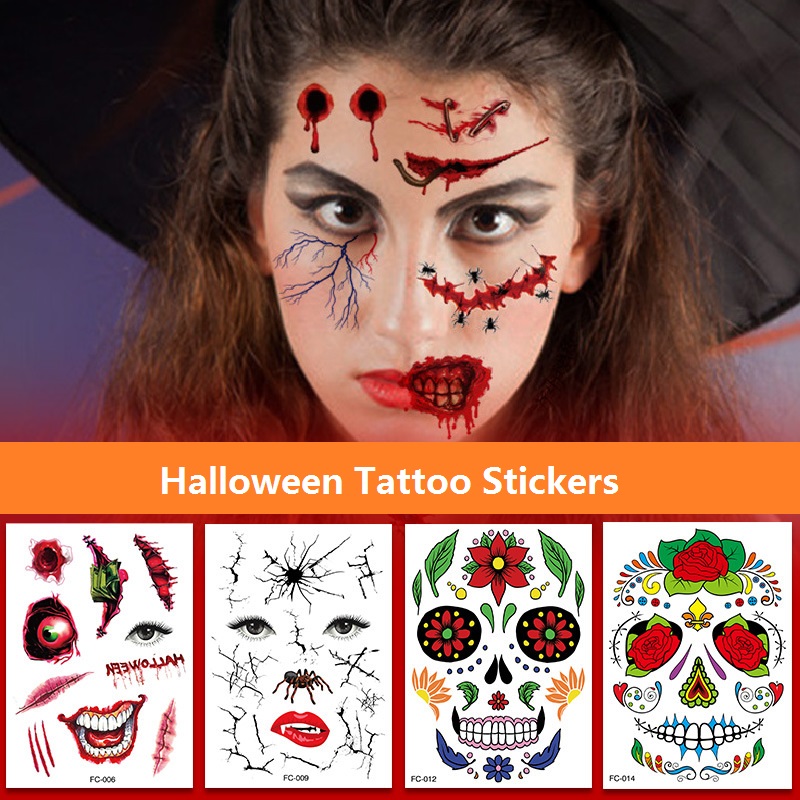 

T08 Halloween Temporary Face Tattoos Floral Day of the Dead Sugar Skull Black Skeleton Spider Web Scar Roses FullFace Mask Stickers for Women Men Party Favor Supplies