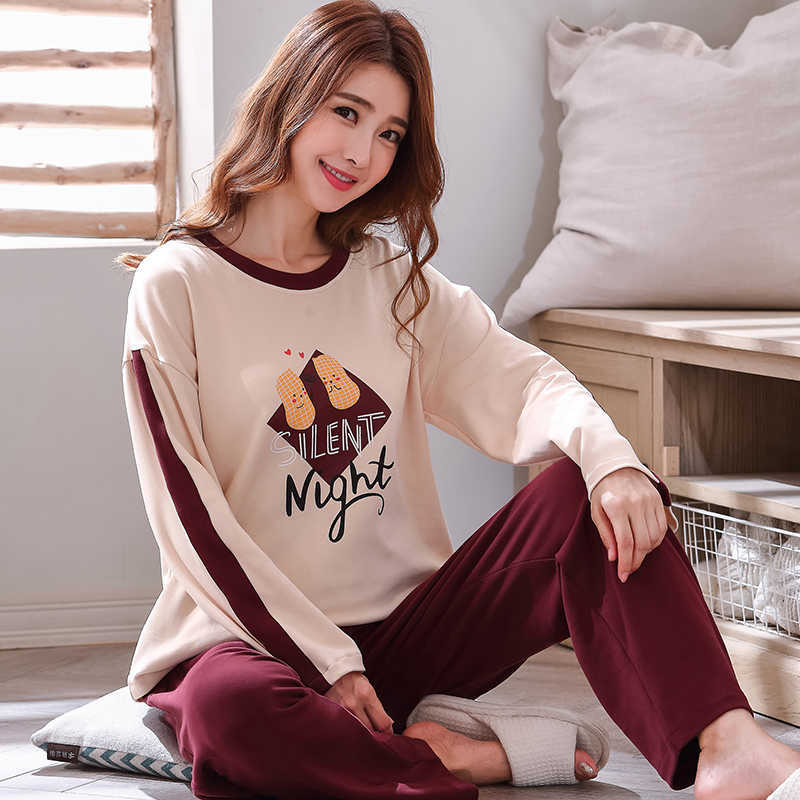 Autumn Winter Cotton Cartoon Pajamas Set Women Pyjamas Homewear Long sleeve Sleepwear Plus size Home Clothes Night suit Female 210924