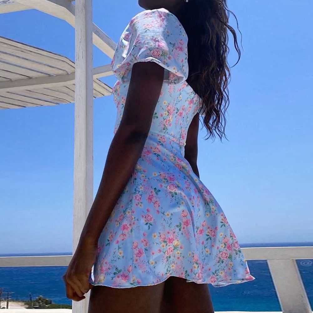 Floral Print Dress Women Summer Sundress Female Robe French Square Collar Puff Sleeve Boho Beach Holiday Sexy Mini Dresses 210630