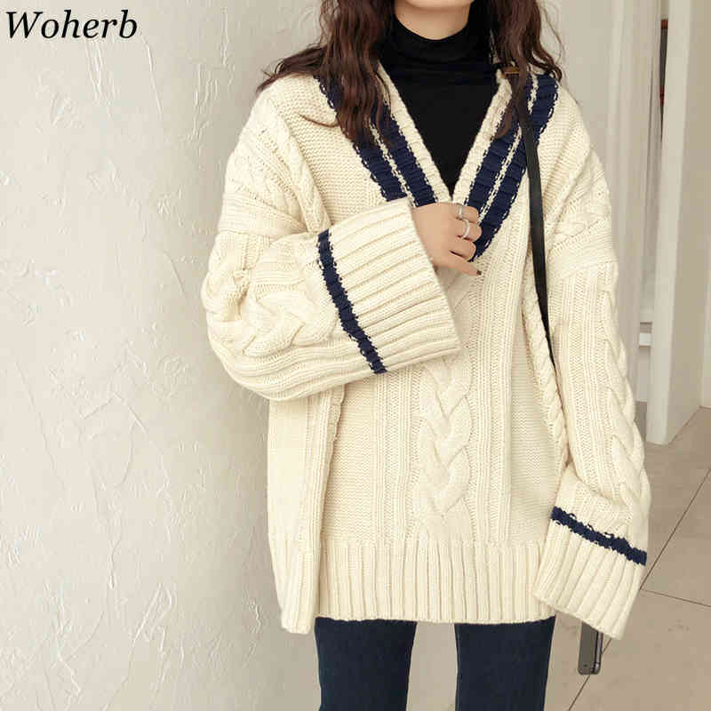 Vintage V-neck Women Sweater Korean Chic Striped Jumpers Twisted Knitwear Autumn Loose Female Knitted Pullovers 210519