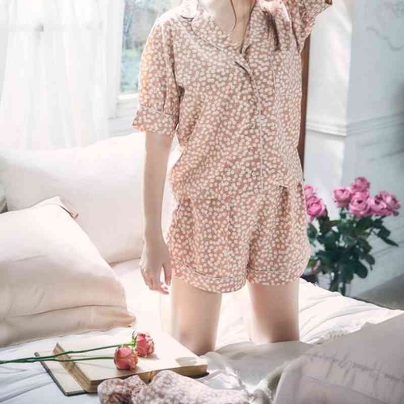 Vintage Print 2 Pcs Women Set Turn Down Collar Short Sleeve Shirt + High Waist Wide Leg Shorts Spring Pajama Suit 210524