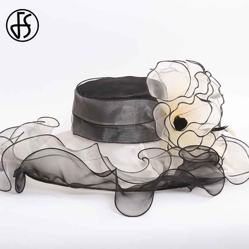 FS Pink Organza Kentucky Derby Hat For Women Wide Brim Beach Big Sun Hats Flowers Elegant Ladies Wedding Church Party Fedoras 210323