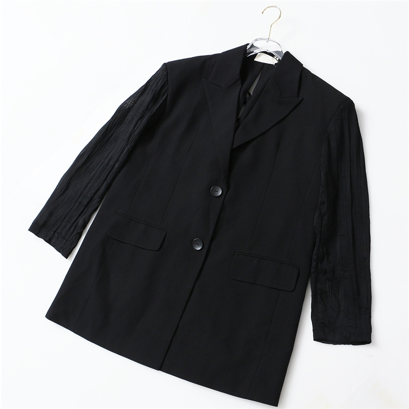 DEAT New Spring And Summer Fashion Casual Button Loose Back Open Back Lace Up Pleated Sleeve Blazer Coat Women SH640 210428